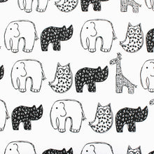 Load image into Gallery viewer, Monochrome Animal Nursery Fabric - Martha and Hepsie