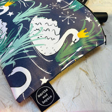 Load image into Gallery viewer, Pouch with swan design and 'martha and hepsie' label on a wooden surface
