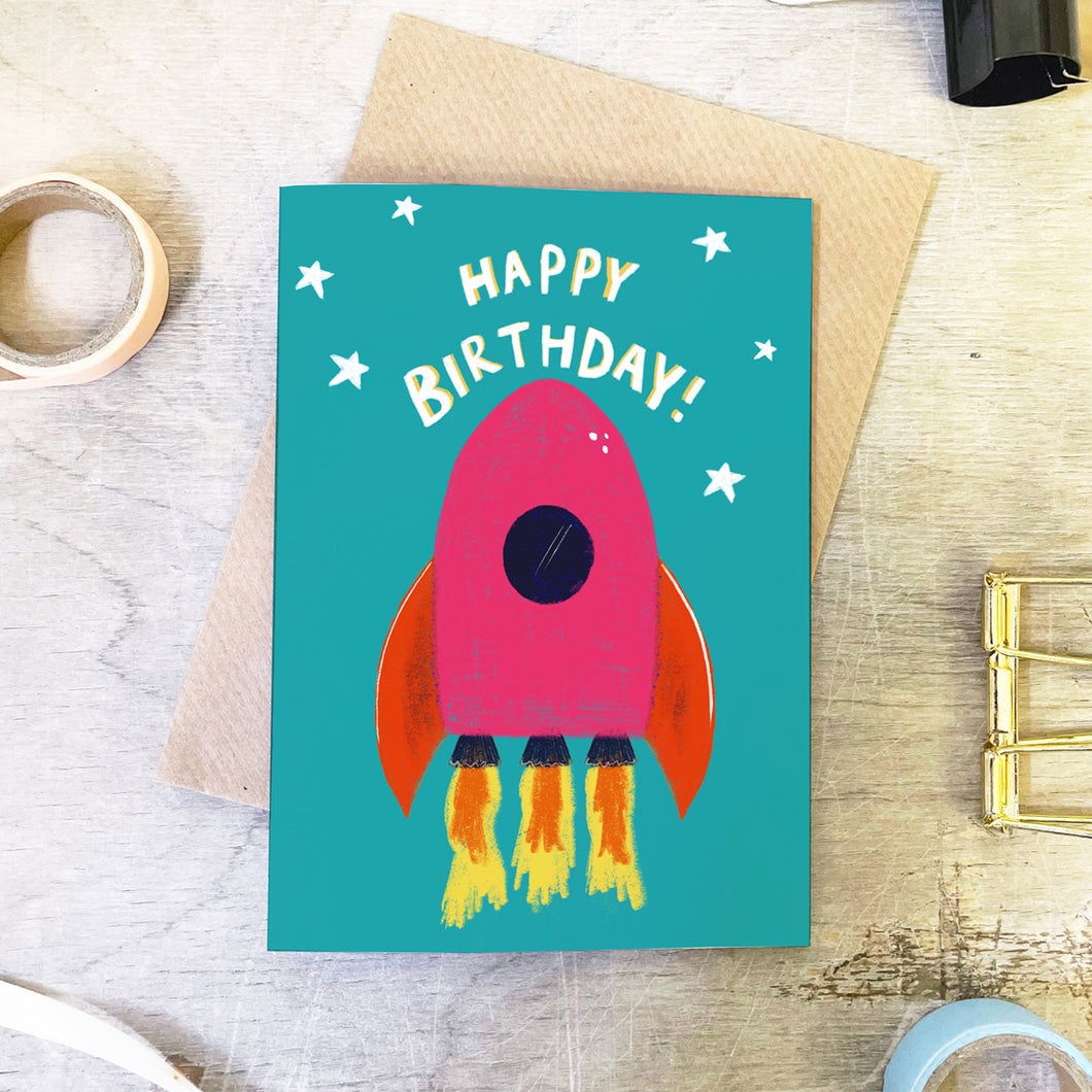 Pink Rocket Birthday Card