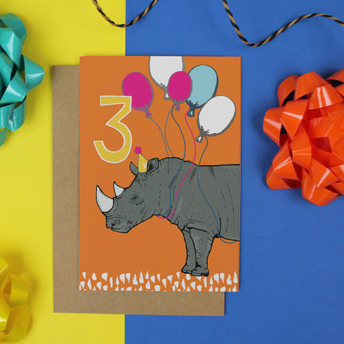 Rhino 3rd Birthday Card - Martha and Hepsie