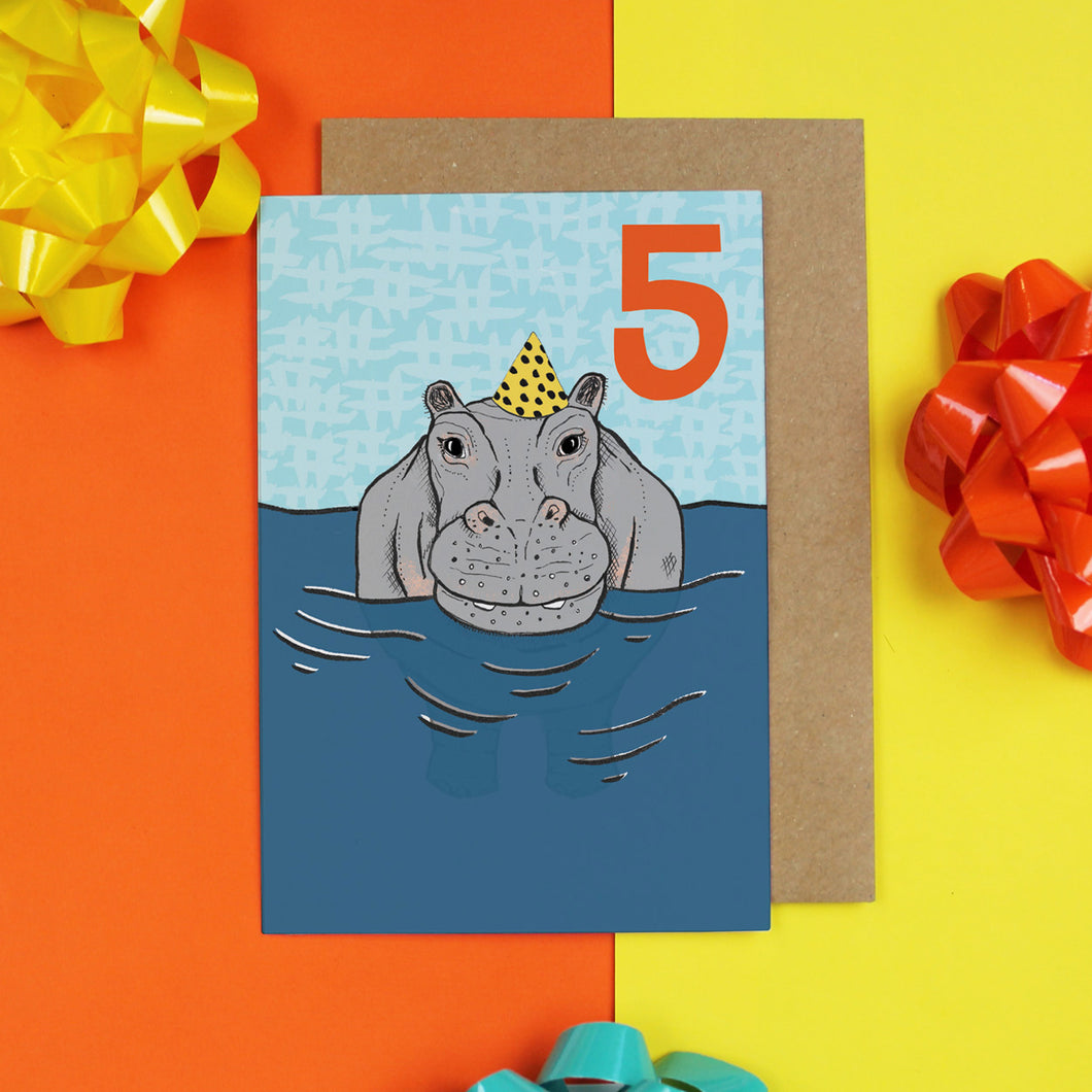 Hippo 5th Birthday Card - Martha and Hepsie