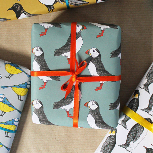 Green Puffin Gift Wrap - Martha and Hepsie