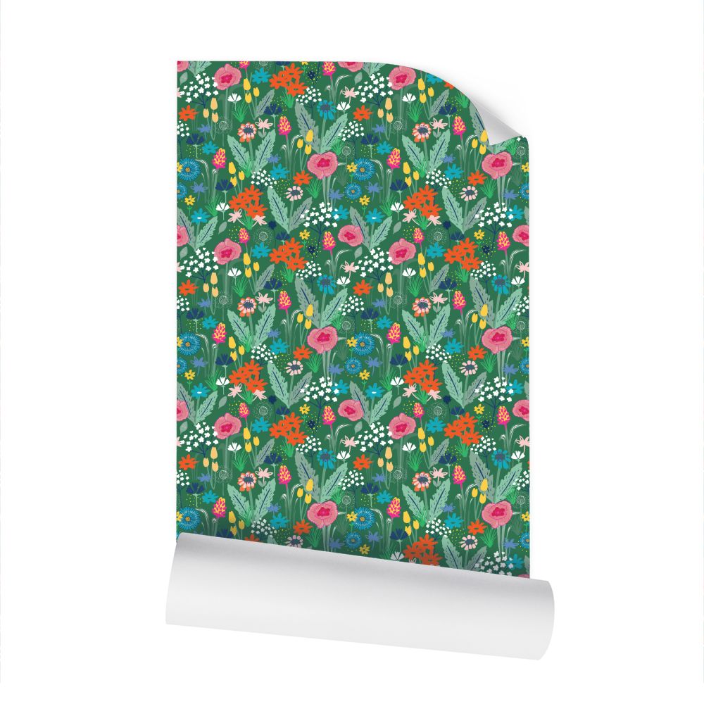 Wildflower Wallpaper - Spring Green - Martha and Hepsie