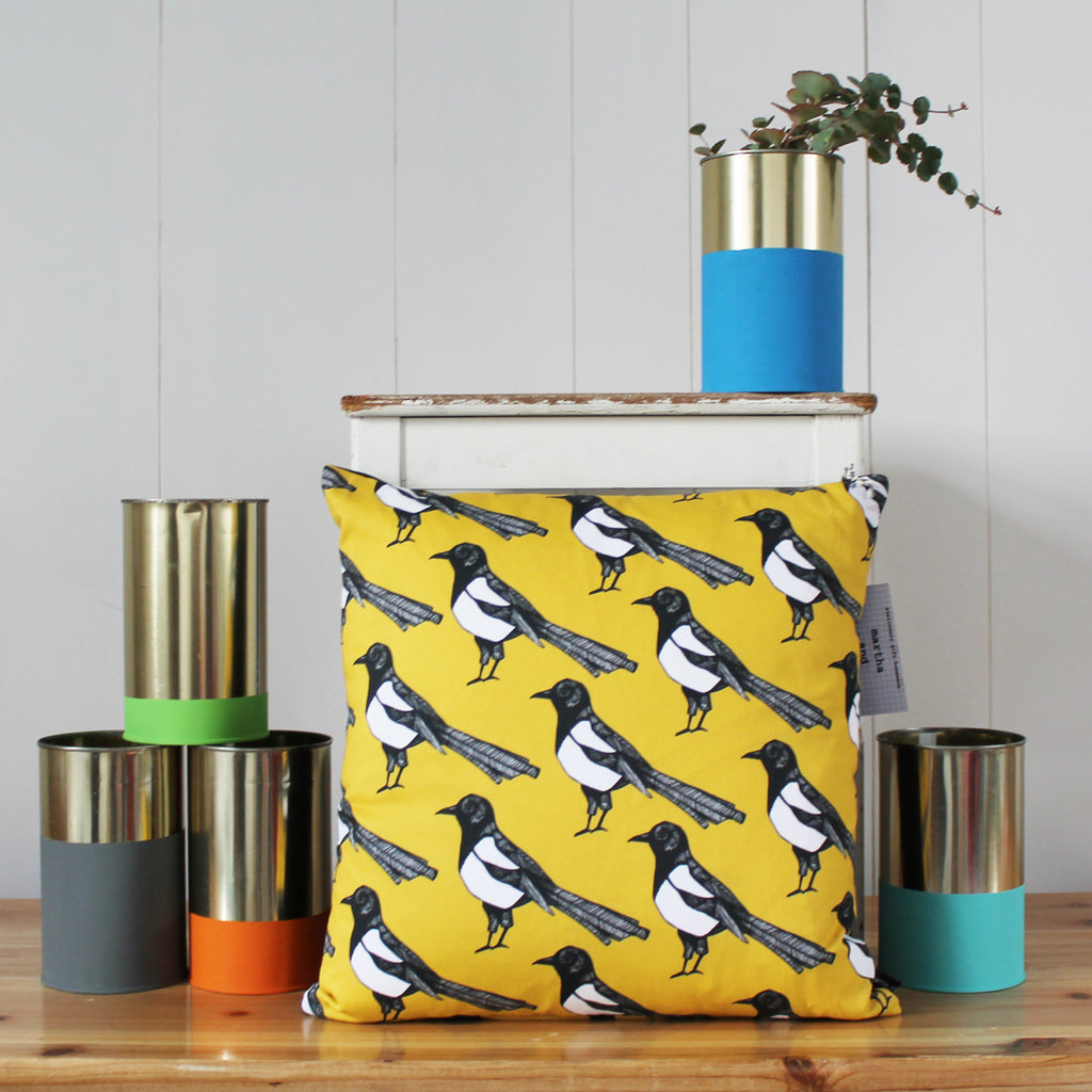 Yellow Magpie Cushion - Martha and Hepsie
