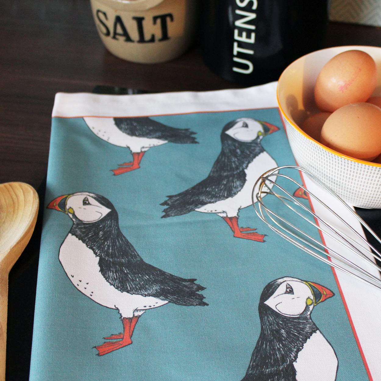 Green Puffin Tea Towel - Martha and Hepsie