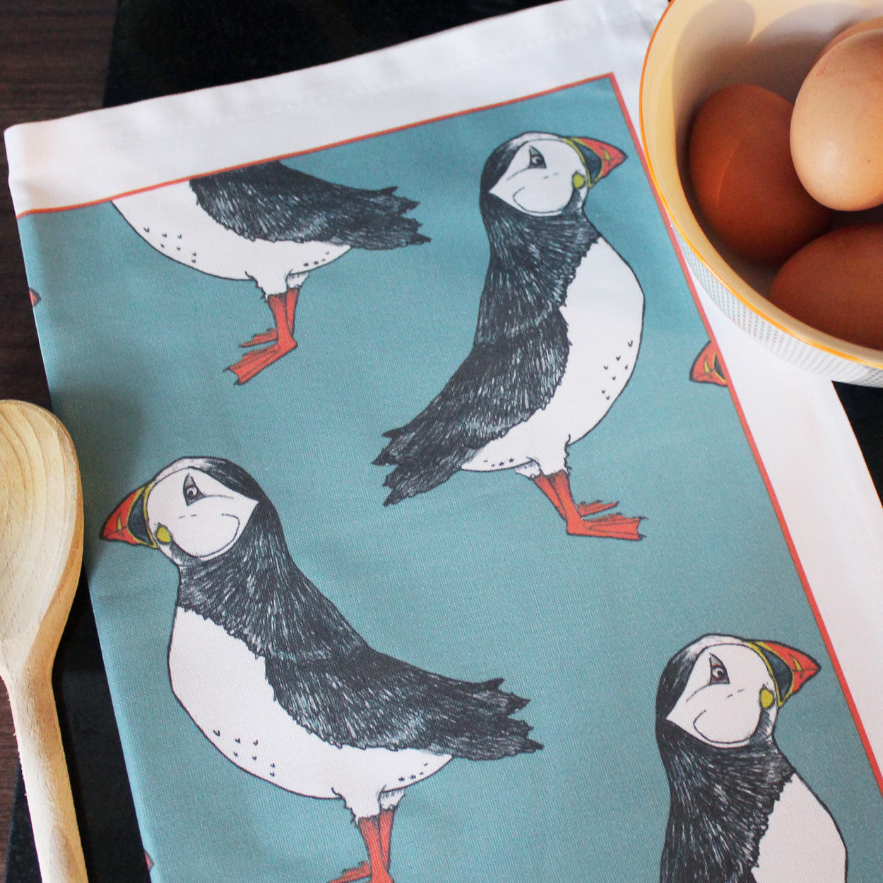 Green Puffin Tea Towel - Martha and Hepsie