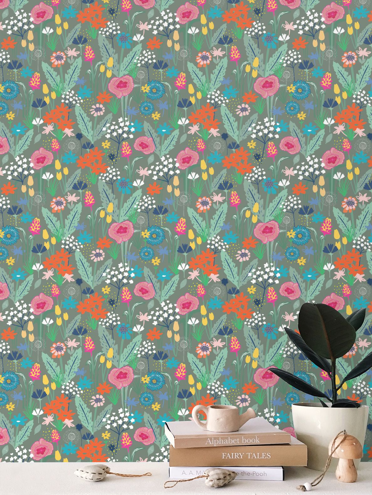 Wildflower Wallpaper - Olive Smoke - Martha and Hepsie